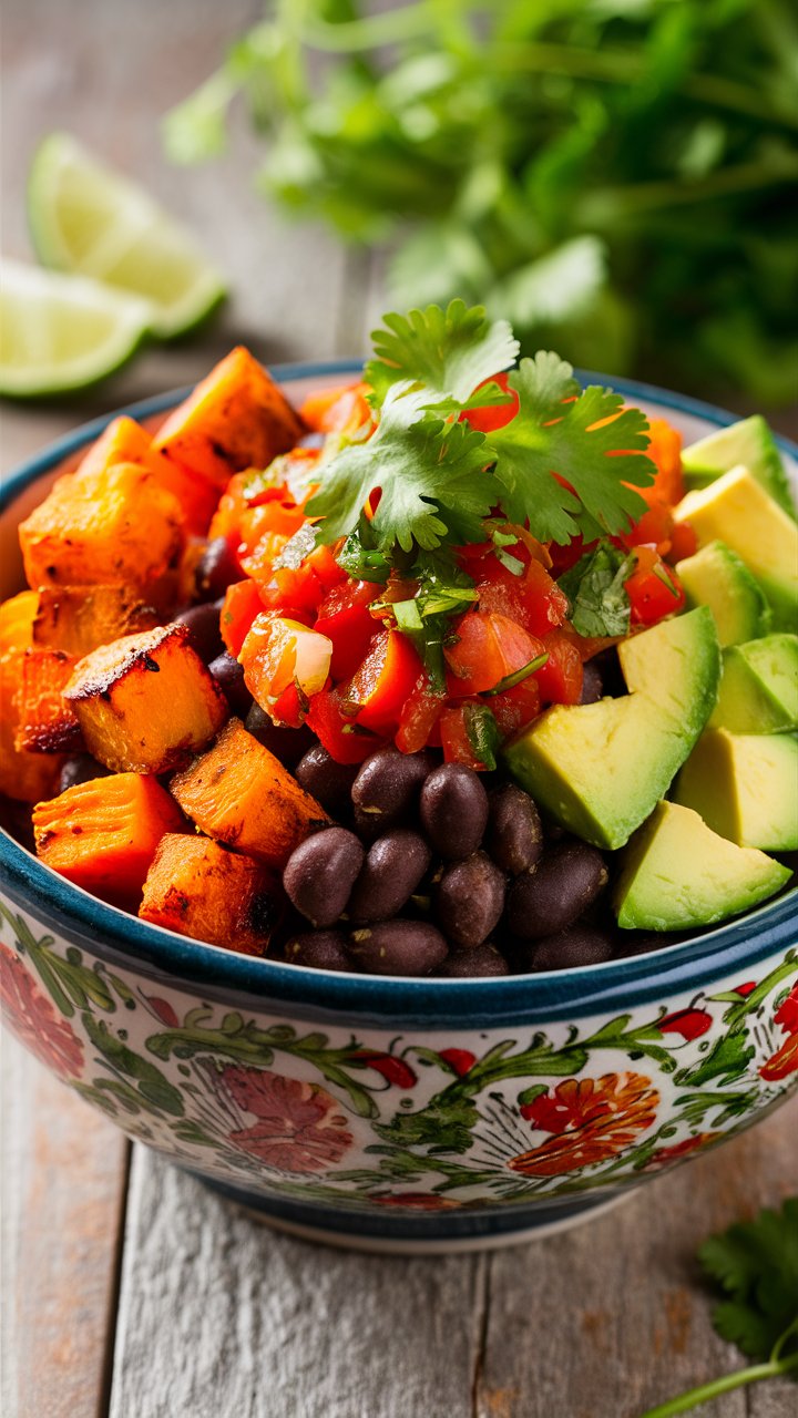 Vibrant and Healthy Burrito Bowl with Sweet Potatoes and Guacamole 2025