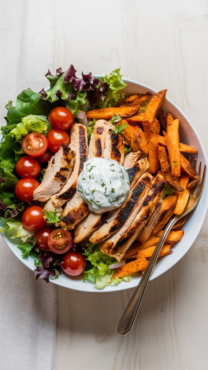 Easy Grilled Chicken Power Bowl with Homemade Tzatziki and Sweet Potato Fries Recipe 2025